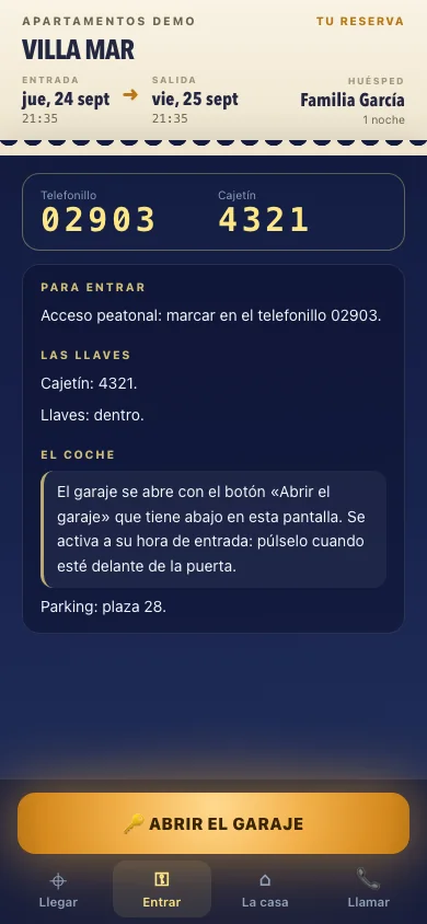 Portal del huésped en el móvil con los códigos de acceso, las instrucciones de llegada y el botón para abrir el garaje