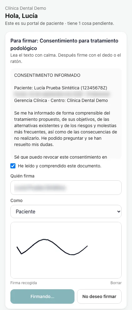 Portal del paciente en el móvil con un consentimiento informado pendiente de firmar