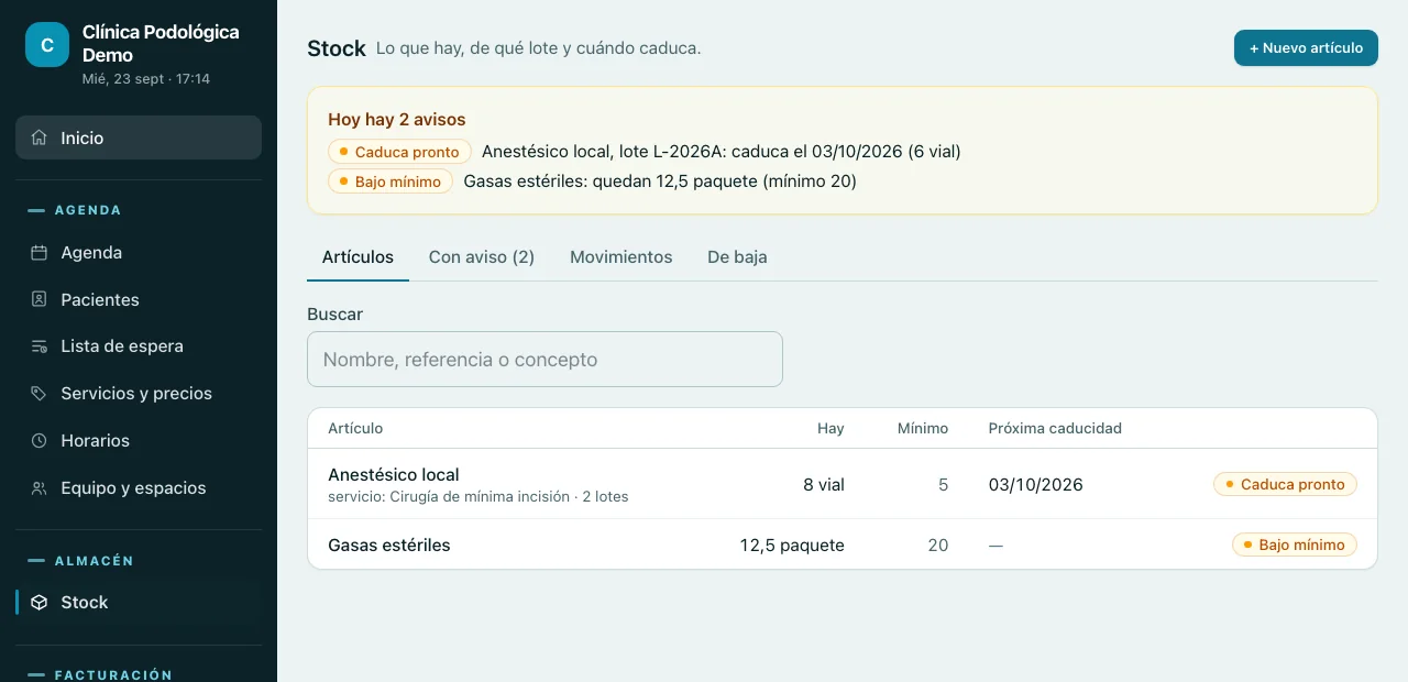 Stock de la clínica con avisos de caducidad y de mínimo