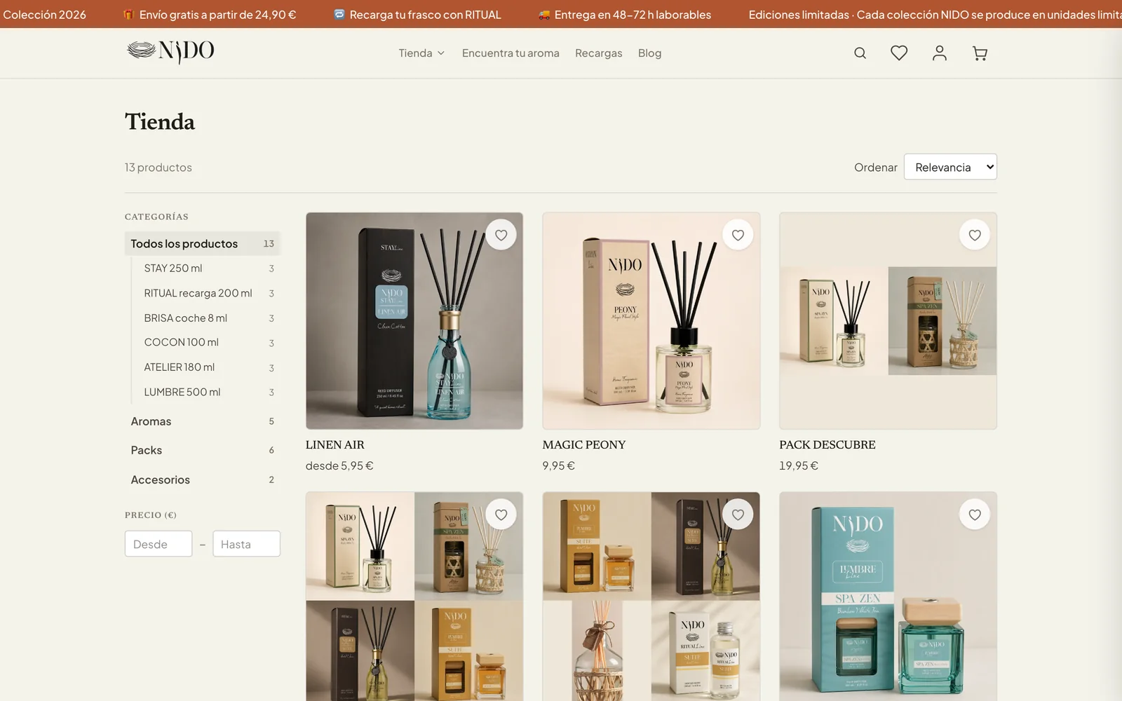Catálogo de la tienda con filtros por colección, formato y precio