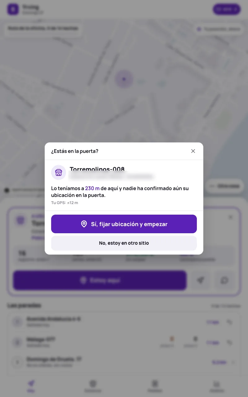 Aviso de la app pidiendo confirmar la ubicación del punto de venta antes de empezar la visita
