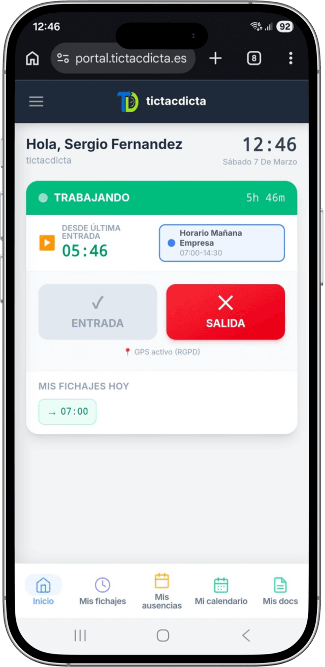 Tictacdicta — Control Horario Digital, pantalla de fichaje